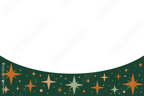Islamic night bottom border with copy space. Minimalist Ramadan background featuring stars and dots on emerald green. Vector flat design template for Eid Al-Fitr banner.