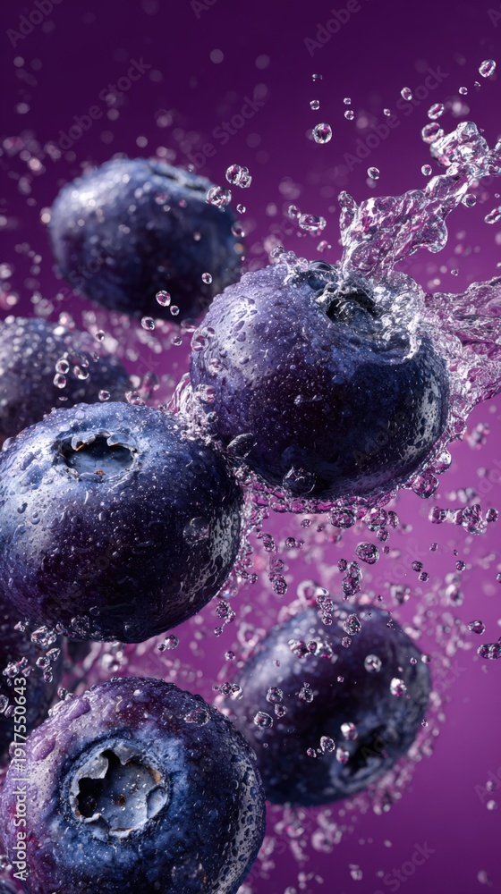 Fototapeta premium Blueberries fall into water creating splashes against a purple background. The scene captures the freshness of the fruit and the dynamic movement of water