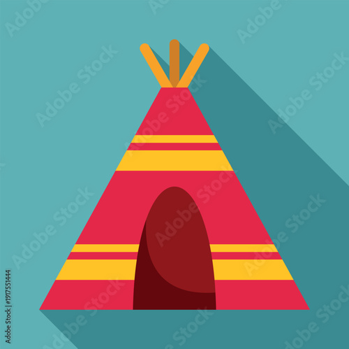 Red tepee tent with yellow stripes on a blue background creating a long shadow
