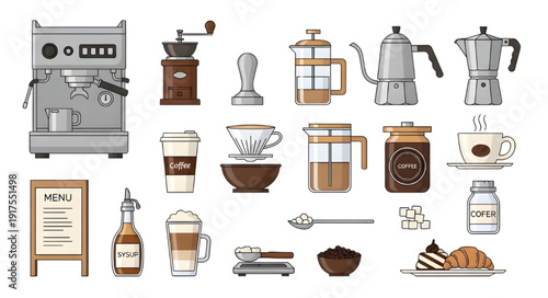 Coffee Shop Equipment Vector Set Barista Tools and Cafe Elements Illustration