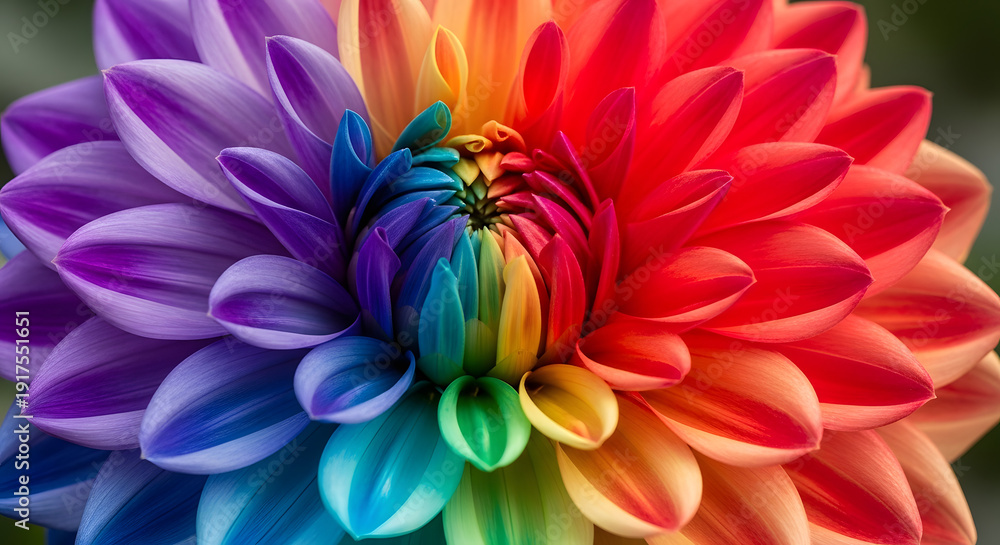 Fototapeta premium Vibrant Rainbow Dahlia Flower Close-up, Colorful Petals, Macro Photography, Nature Bloom