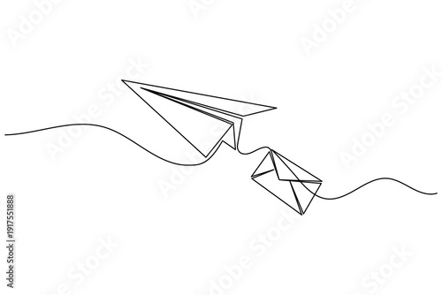 Paper plane flying open envelope continuous one line art style outline vector icon