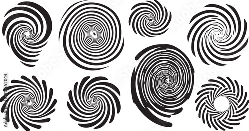 Black and white swirling spiral shapes on white background