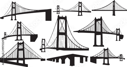 Collection of various bridge silhouettes and structures in black