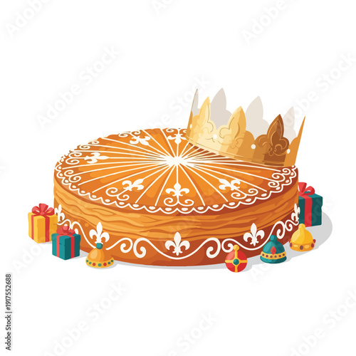 Birthday cake with gold crown and gifts