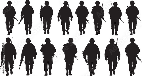 Silhouettes of soldiers walking in formation with guns