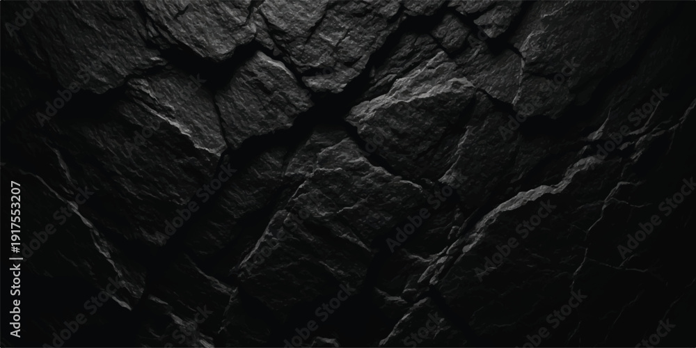 Fototapeta premium Dramatic dark slate rock texture with sharp, fractured edges and deep shadows, natural stone background