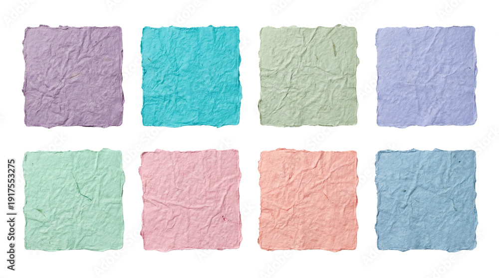 Fototapeta premium Eight handmade mulberry paper squares in various pastel colors, each with a rough, deckled edge and a distinct crinkled texture, isolated. isolated PNG with Transparent Background