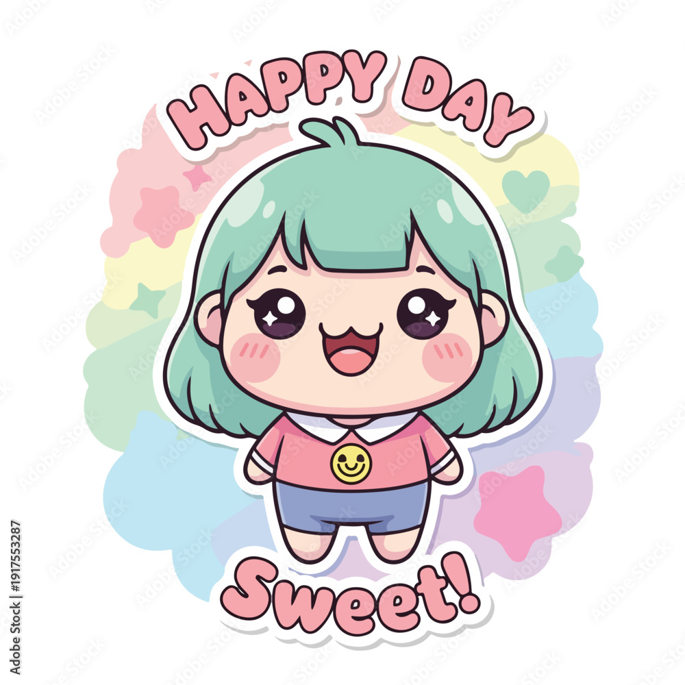 Fototapeta premium Kawaii cartoon girl with happy expression and pastel colors