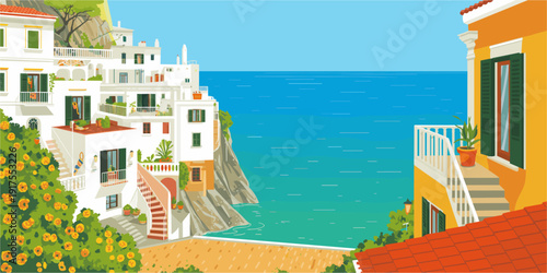 Flat vector illustration of a Mediterranean cliffside village with white stucco houses, terracotta roofs, green shutters, staircases, and a turquoise sea in bright, clean colors.