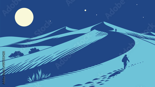 Solitary traveler navigates vast desert dunes under the bright full moon on a clear night