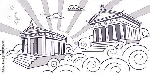 Mythical Greek temples situated atop clouds with rising sunbeams signifying celestial divine majesty and power