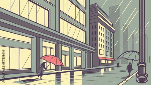 Stylized illustration depicting commuters walking with umbrellas down a city sidewalk during a heavy rainstorm