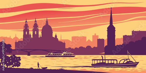 Stylized cityscape silhouette featuring prominent cathedral domes and riverboats against a vibrant sunset sky
