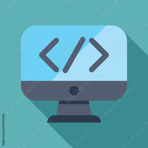 Computer monitor showing code symbols representing coding and software development in flat design