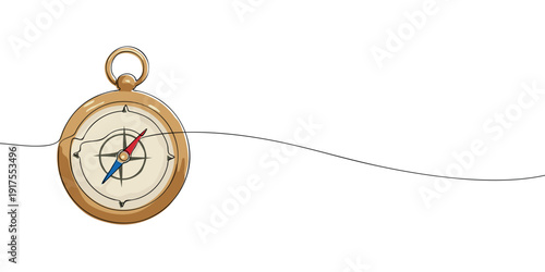 Minimal illustration of a vintage compass with directional needle, symbolizing navigation, travel, exploration, guidance, and orientation