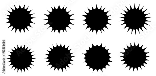 Black sunburst icon collection. Includes eight different explosion symbols. Created in simple style with black color isolated PNG with Transparent Background