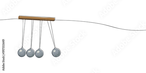 Minimal illustration of a Newton’s cradle with metal balls in motion, symbolizing physics, balance, momentum, energy transfer, and cause and effect
