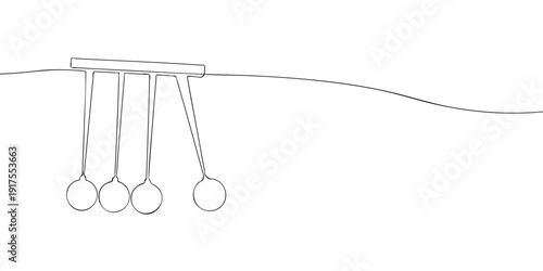 Minimal line illustration of a Newton cradle with suspended metal balls, symbolizing physics, motion, balance, momentum, energy transfer, and scientific principles
