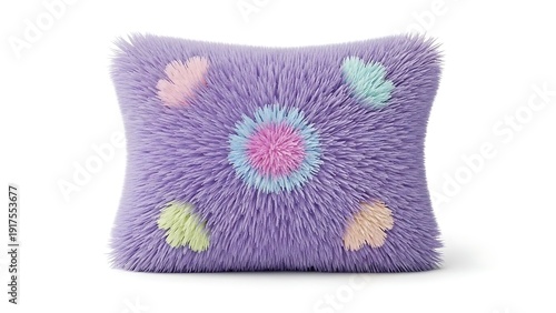 Soft purple shag pillow with colorful heart designs for cozy home decor