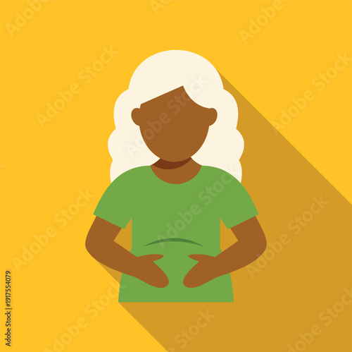 Senior woman experiencing stomach pain, holding hands on her abdomen, on a yellow background