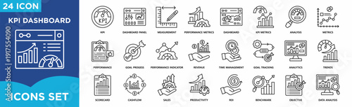 KPI dashboard icon set featuring performance metrics, revenue, analytics, measurement, benchmarking, goal tracking, scorecard, cashflow, sales, ROI, trends, and data analysis for business reporting an