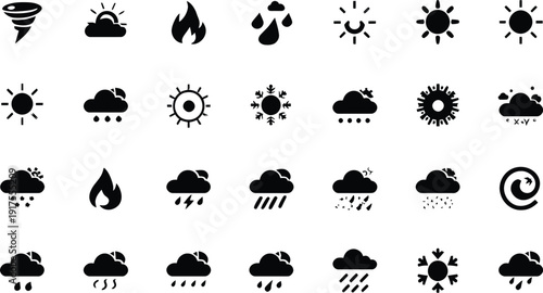 A collection of fifteen distinct black and white line art icons representing various concepts like data processing, analysis, configuration, and natural elements such as butterflies.