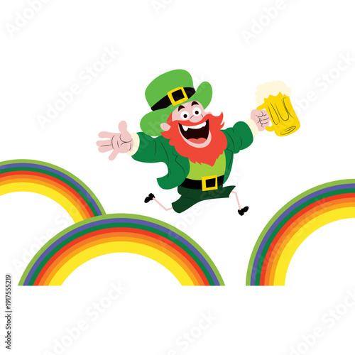 Leprechaun with beer running on rainbows