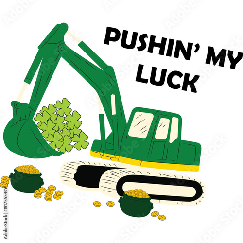 Lucky Excavation: Excavator with Clovers and Gold