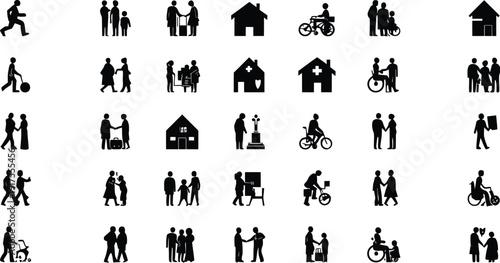 Collection of black and white line art icons depicting various essential elements related to railway transportation systems including trains signals seating and time keeping devices