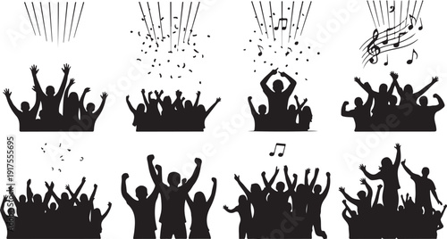 A collection of black and white illustrations of people celebrating with musical notes