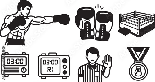 Boxing equipment and elements depicted in a simplified illustration style