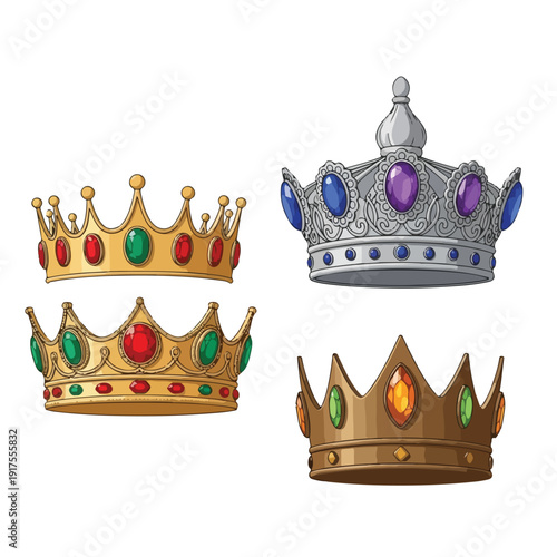 Four colorful royal crowns with precious gems