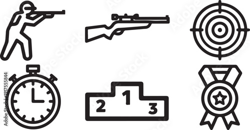 Illustration of a marksman, rifle, target, stopwatch, podium, and medal