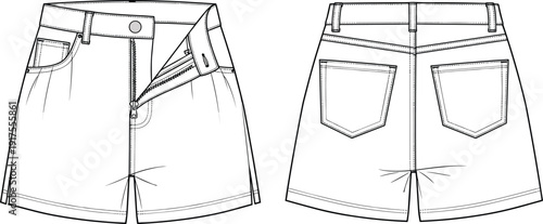 Women denim mini skirt, asymmetric zipper detail, front and back view, high waist casual fashion, technical vector illustration