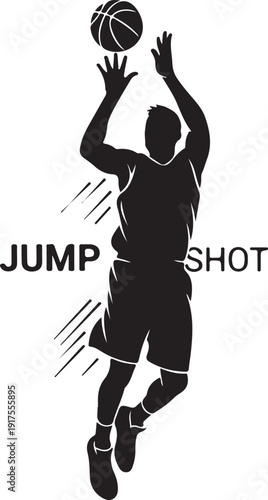 Basketball player executing a jump shot with intense focus and determination