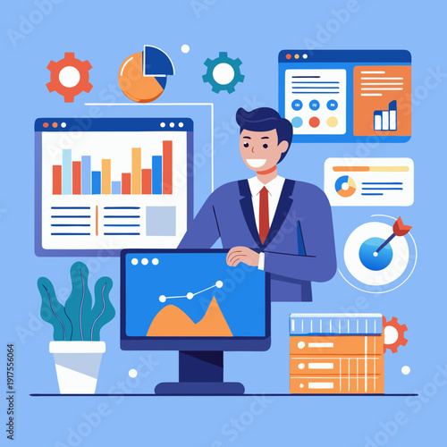 business man working on laptop. Web analytics dashboard. Marketing data visualization. Statistical graphs and reports. Businessperson analyzing website traffic using a laptop computer.