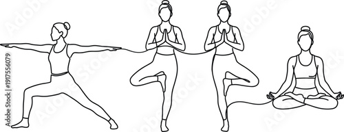 Women yoga poses line art vector set, female fitness meditation illustration, healthy lifestyle stretching balance exercise collection