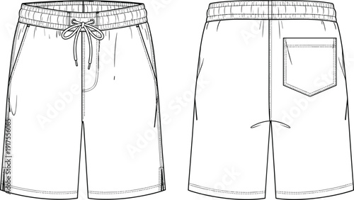 Men casual drawstring shorts vector illustration, elastic waistband sportswear design, front and back view fashion template