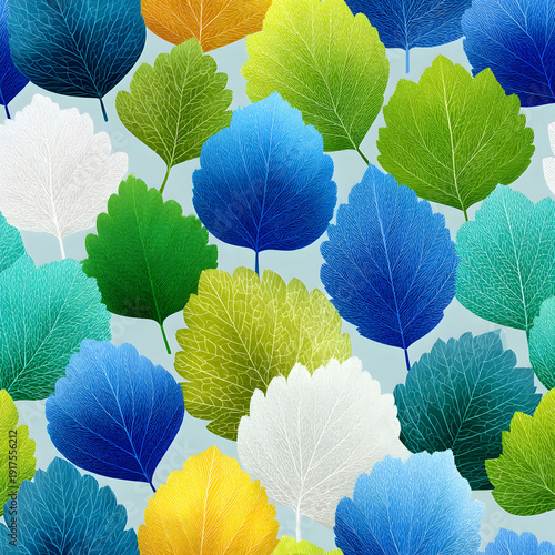 Vibrant leaf pattern featuring a diverse array of colors and intricate vein details. perfect for decorative designs, backgrounds, textiles, and creative projects, blending natural elements with vivid