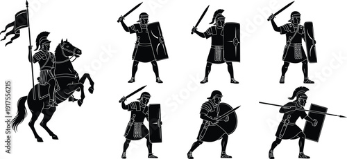 Ancient Roman soldiers silhouettes set, legionary warriors with shield sword spear, cavalry, gladiator fighters, black illustration isolated collection