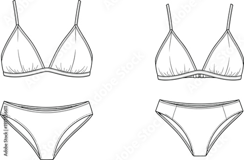 Women bikini set vector illustration, triangle bra top and classic bottom swimsuit front and back view template