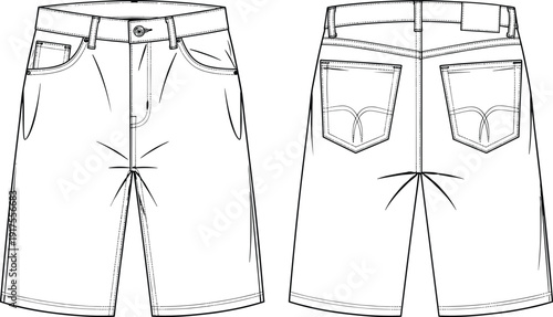 Men denim shorts vector illustration, casual knee length jeans shorts front and back view technical fashion template