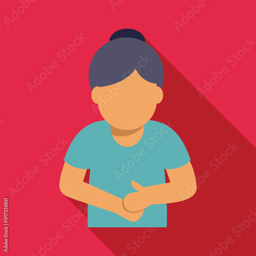 Woman experiencing stomach pain, holding abdomen, illustrating discomfort and illness