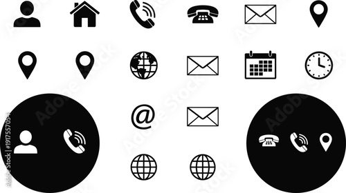 Contact and communication icons set including phone email location calendar and user symbols in black and white vector design