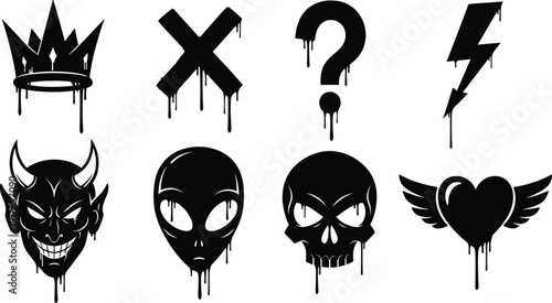 Grunge dripping icons and symbols set, crown skull devil alien heart lightning shapes in black and white vector