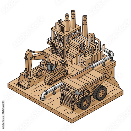 Industrial site with heavy machinery and construction equipment.
