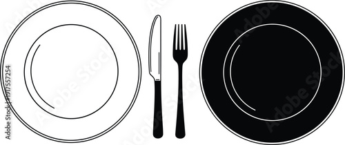 Plate with knife and fork place setting icons, minimal dining tableware symbols in black and white vector illustration