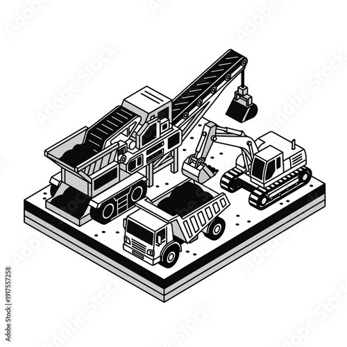 Isometric illustration of construction vehicles and equipment on a construction site.