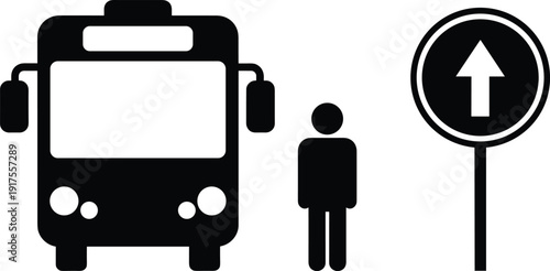 Public transport bus stop icon set with passenger and direction sign, black and white vector symbols